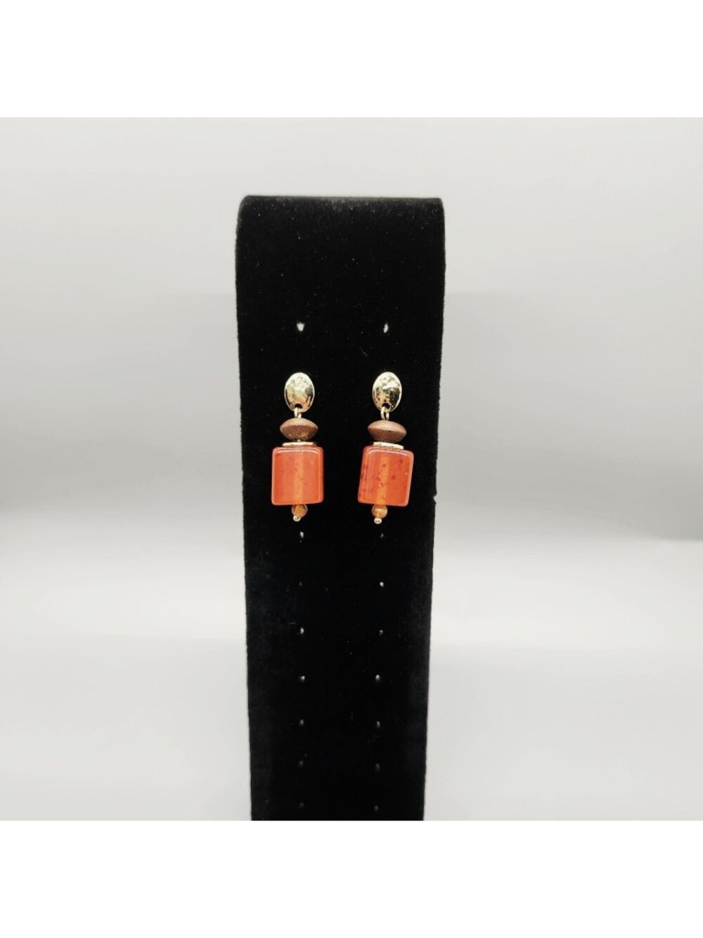 Gold Tone Wood Carnelian Style Bead Dangle Drop Earrings 1.4" Long